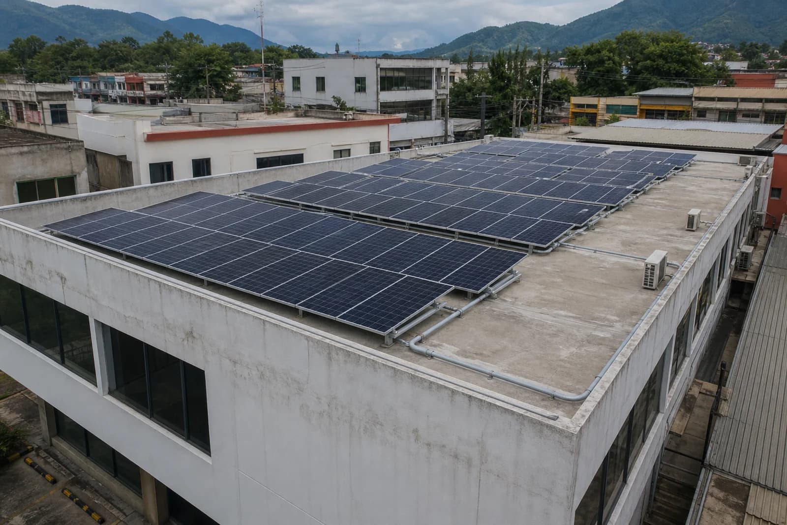 Edificio comercial con paneles solares en el techo en Honduras